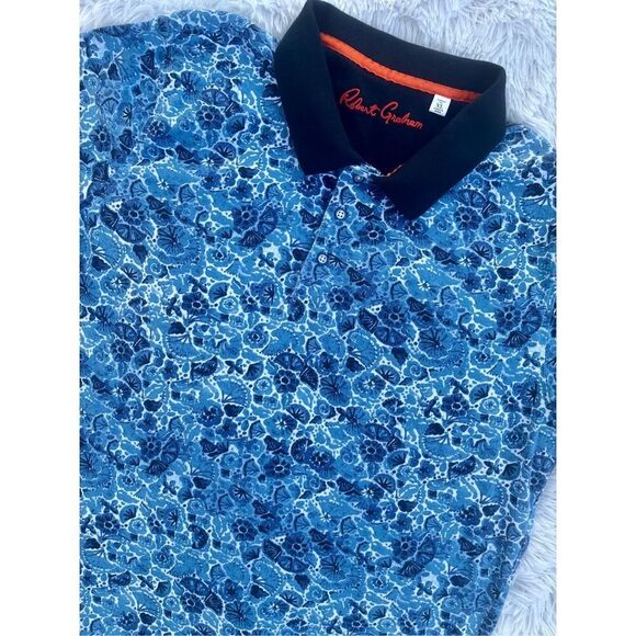 Robert Graham Amaro SZ XL Blue Floral Print Collared Polo Shirt - Picture 3 of 11